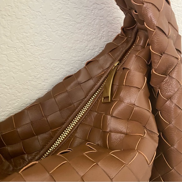 Brown Gold Weave Large Jodie Bag Sheepskin Leather Woven Intrecciato Satchel B10 - Picture 3 of 9